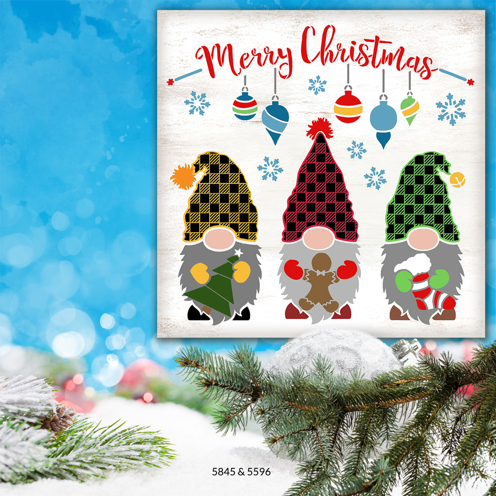BRWS5845 Merry Christmas Gnomes- Buffalo Check Hat 18x18