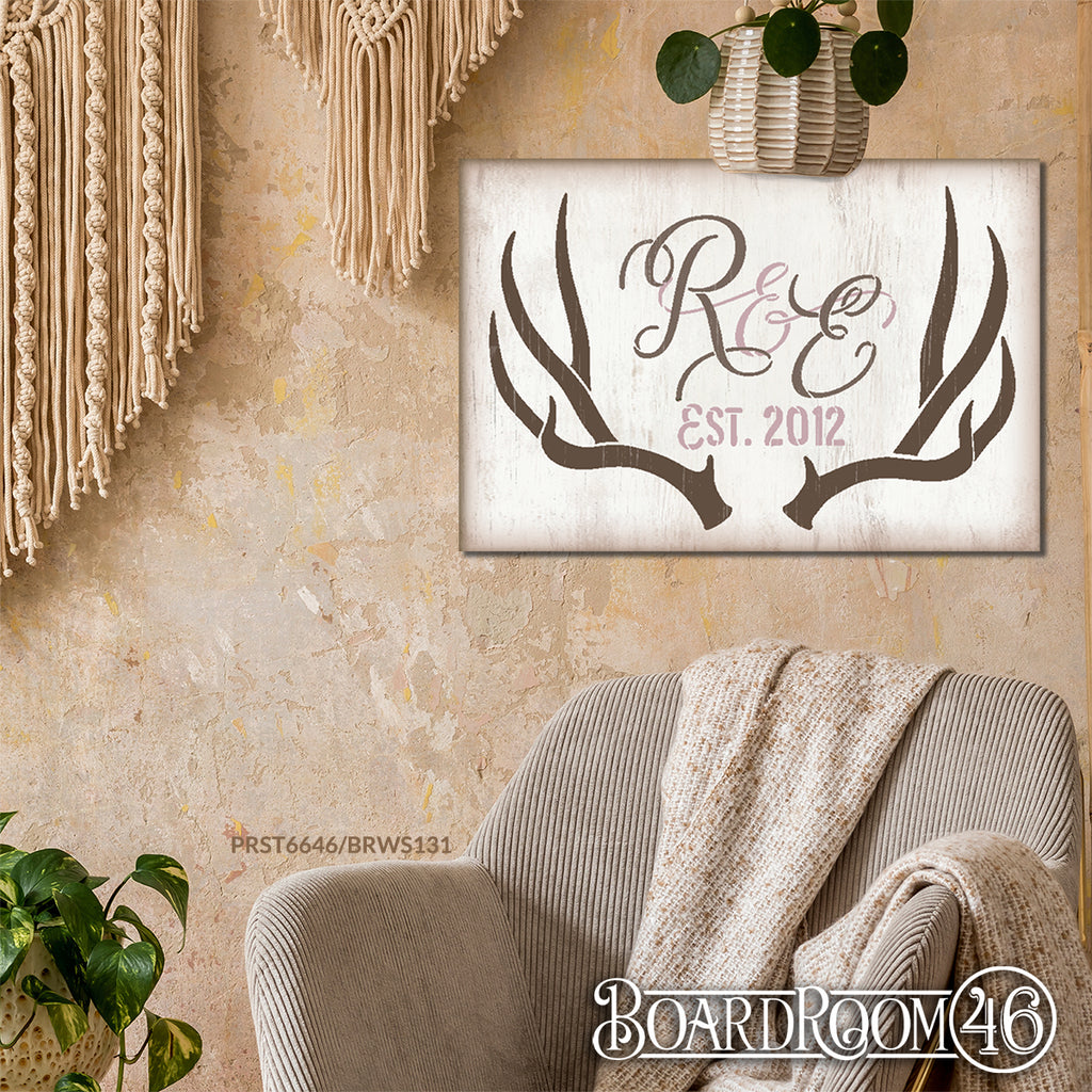 BRWS6646 Personalized Rustic Antlers - Initials & Est | 12x8