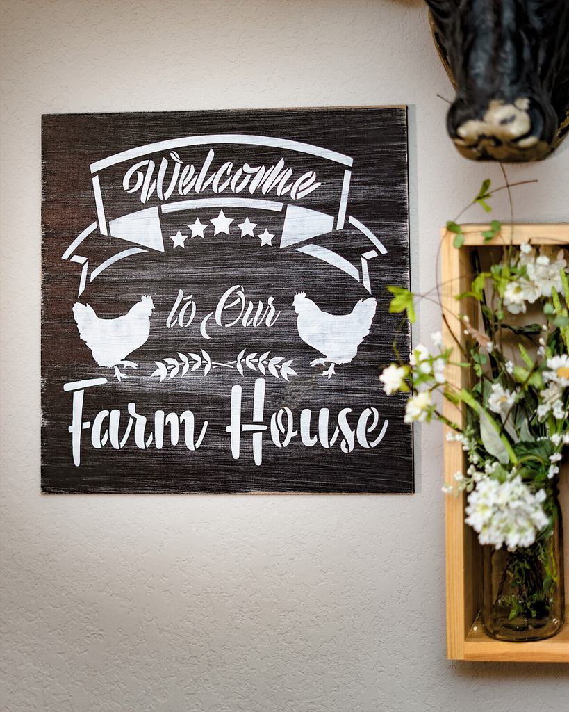 BRWS5260 Welcome To Our Farmhouse with Chicken-SGCP 18x18