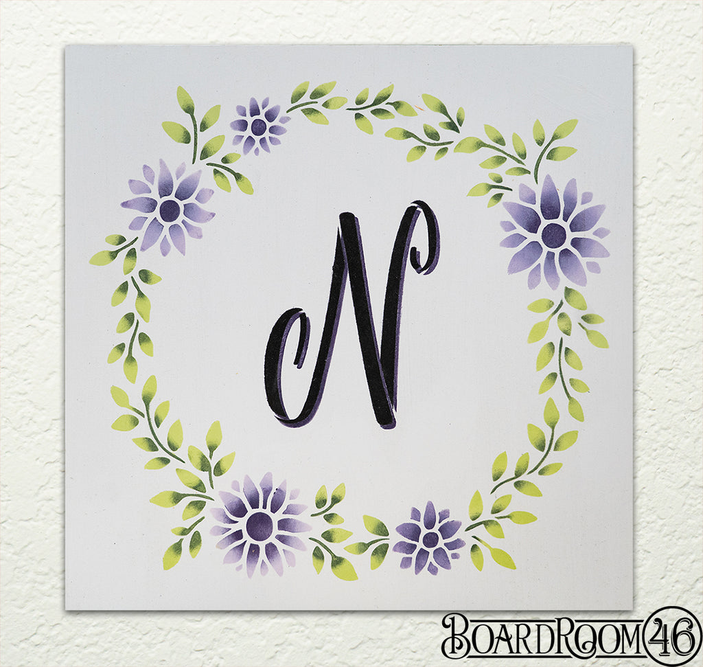 Daisy Floral Wreath with Personalized Monogram DIY to go Kit | 12x12 Stencil and Board